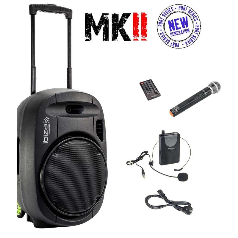 Ibiza - PORT12VHF-MKII - Altavoz portátil 12/700W MAX con 2 micrófonos  (VHF), Mando a Distancia y Funda Protectora - Bluetooth, USB, SD -  Autonomía